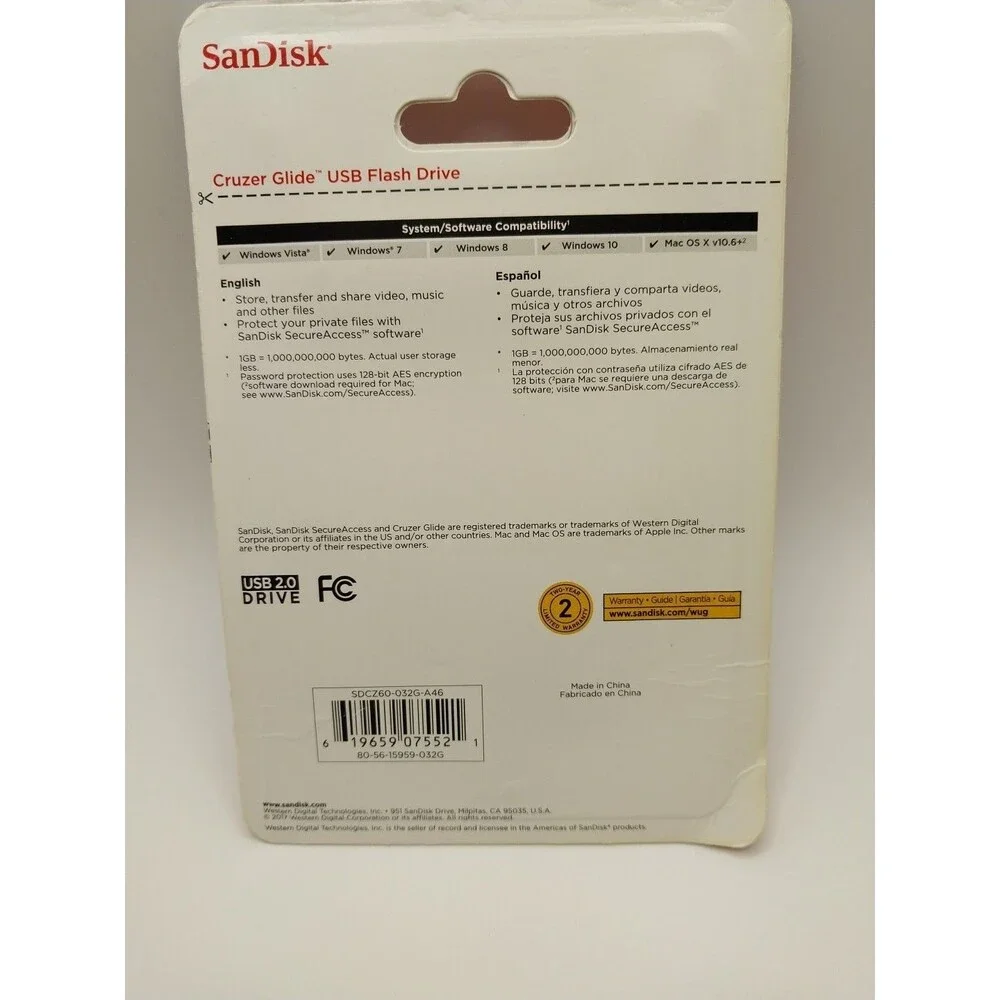 NEW SanDisk Cruzer Glide 32 GB USB 2.0 Flash Drive - Black, Red